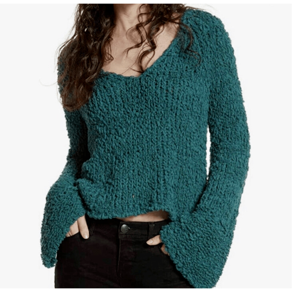 FREE PEOPLE Green (Sand Dune)  Chunky Knit Sweater Bell Sleeve Sz M